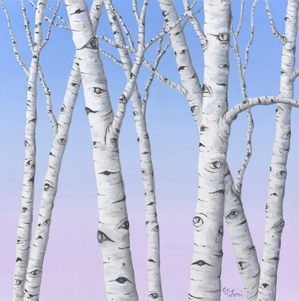Pink to Blue Birch, oil on panel, 10 x 10&quot;, 2019, Sold