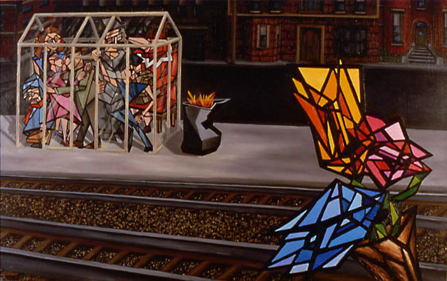 ...THE FLORIST ACROSS THE STREET oil on canvas, 30 x 50&quot;, 1984 (Sold)