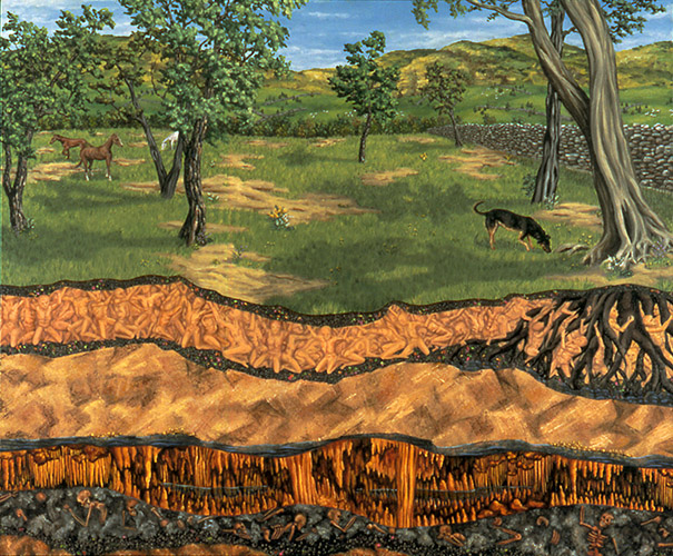 LAST CHANCE ARCHAEOLOGY oil on canvas, 38 x 46&quot;, 1990